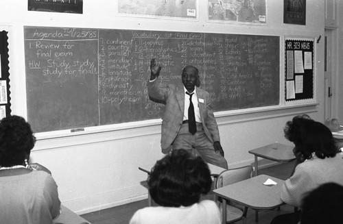 Career Day lecturer in a classroom, Los Angeles, 1985