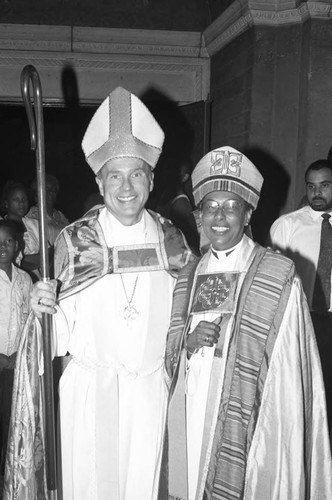 Bishop Barbara C. Harris posing with Bishop Frederick H. Borsch, Los Angeles, 1989