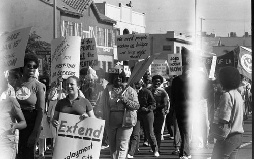 Union members marching in a parade honoring Dr. Martin Luther King's birthday, Los Angeles. ca. 1987