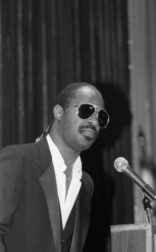 Stevie Wonder speaking at the California Democratic Council Convention, Los Angeles, 1985