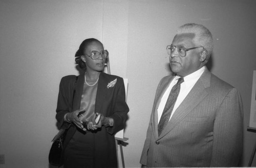 Rev. James Lawson talking with a women at a Southern Christian Leadership Conference event, Los Angeles, 1989