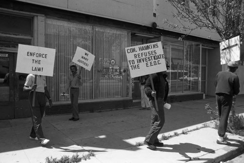 Black Aerospace Workers picketing the office of Congressman Gus Hawkins, Los Angeles, ca. 1987