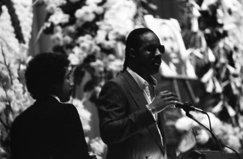 Stevie Wonder speaking at Marvin Gaye's funeral service, Los Angeles, 1984