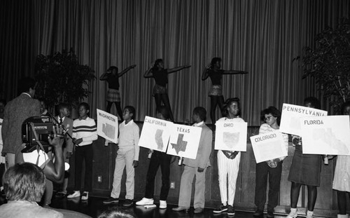 Gompers Junior High School students performing on stage, Los Angeles, 1986