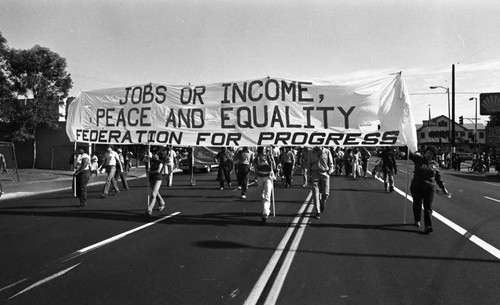 Federation for Progress members marching in a parade during Dr. Martin Luther King, Jr.'s birthday celebration, Los Angeles, ca. 1987