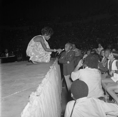 Diana Ross pausing during a performance, Los Angeles, 1969