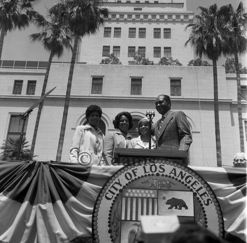 Tom Bradley and his family standing together during his inauguration, Los Angeles, 1973