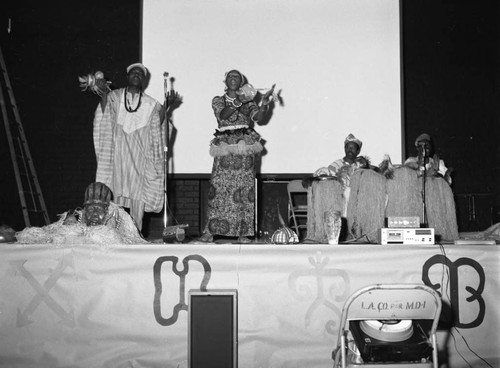 Participants of the 5th Annual African Festival performing on stage, Los Angeles, 1984