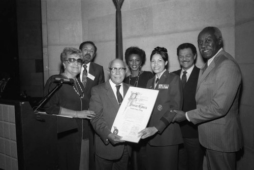 Brigadier General Sherian Cadoria receiving a city proclamation, Los Angeles, 1987