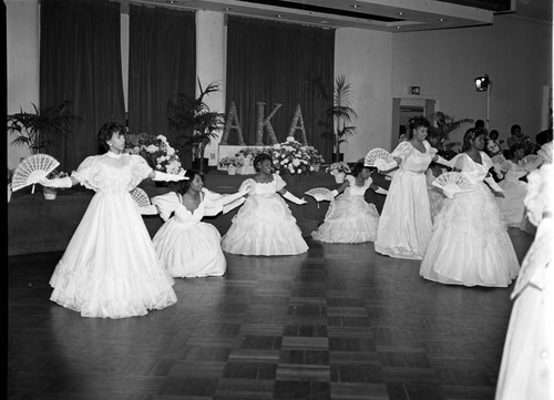 Theta Alpha Omega Chapter, AKA Sorority debutantes dancing, Los Angeles, 1983