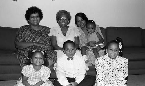 Mrs. Pauline Bantom posing with her daughters and grandchildren, Inglewood, 1987