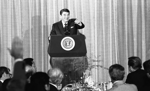 Ronald Reagan answering questions from the media at the Century Plaza Hotel, Los Angeles, 1982