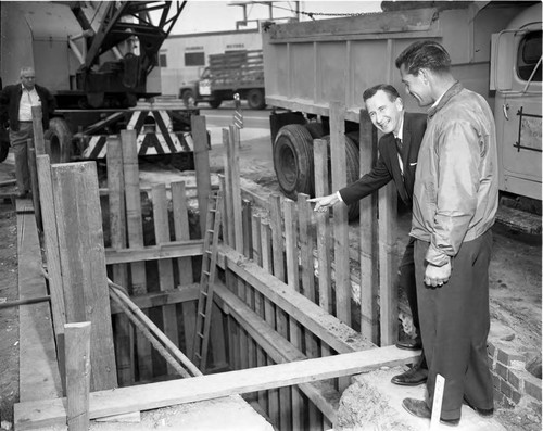 Councilman in construction zone, Los Angeles, 1963