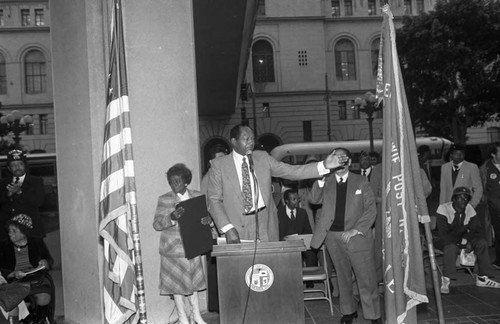 Tom Bradley speaking at a Black History Month ceremony, Los Angeles, 1982