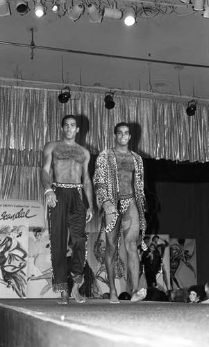 Ebony Fashion Fair male models posing on the Catwalk, Los Angeles, 1987