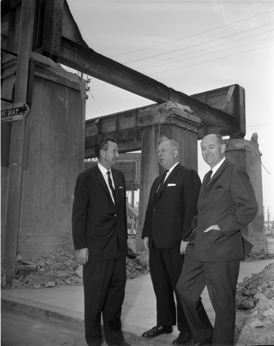 Councilman in construction zone, Los Angeles, 1963