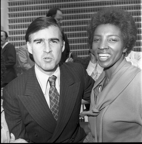 Marguerite Archie-Hudson and Jerry Brown posing for a group portrait, Los Angeles, 1978