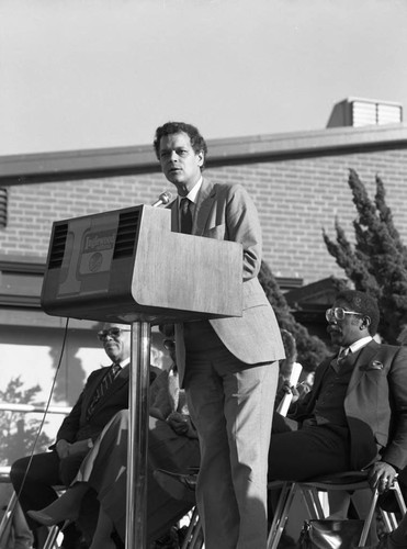 Julian Bond speaking at an event, Inglewood, California, 1985