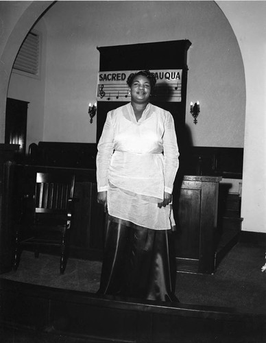 Female musician at church, Los Angeles, 1950