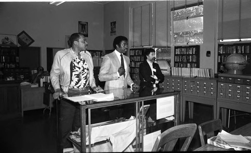 Jim Hill and others speaking during Career Day at Dorsey High School, Los Angeles, 1982