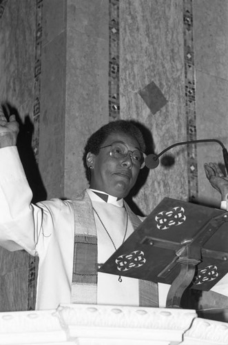 Bishop Barbara C. Harris speaking from the pulpit at St. Johns Episcopal Church, Los Angeles, 1989