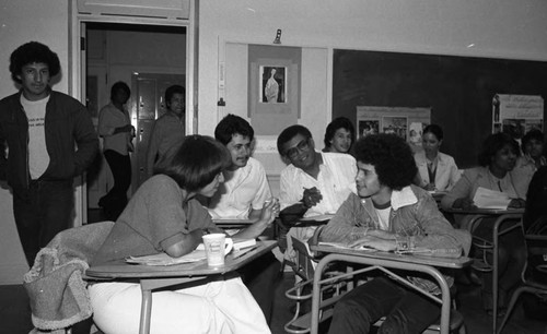 Adults talking together in a Dorsey Adult School ESL class, Los Angeles, 1980