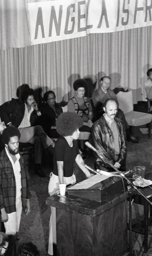 Angela Davis speaking at the Embassy Auditorium after her acquittal, Los Angeles, 1972