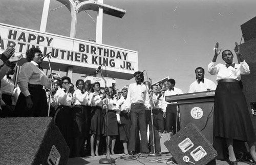 Choir performing during a birthday celebration for Dr. Martin Luther King, Jr., Los Angeles, ca. 1987