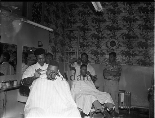 Men in a barbershop, Los Angeles, 1955