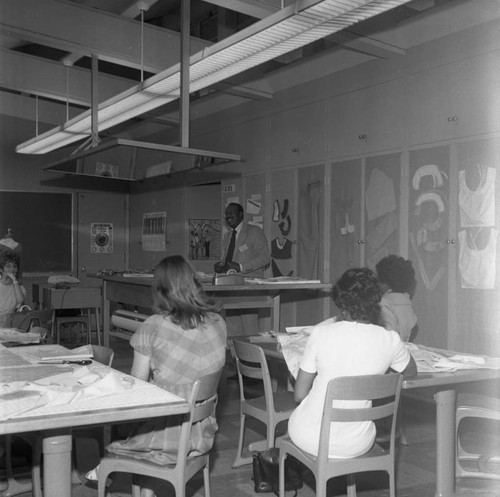 Speaker in classroom, Los Angeles, 1971