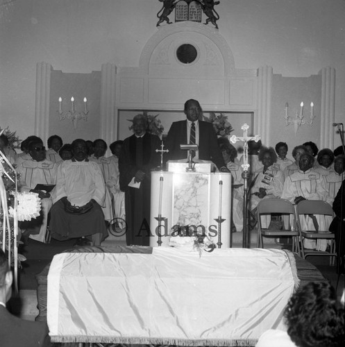 Tom Bradley speaking at the funeral of Rev. Clayton D. Russell Sr., Los Angeles, 1981