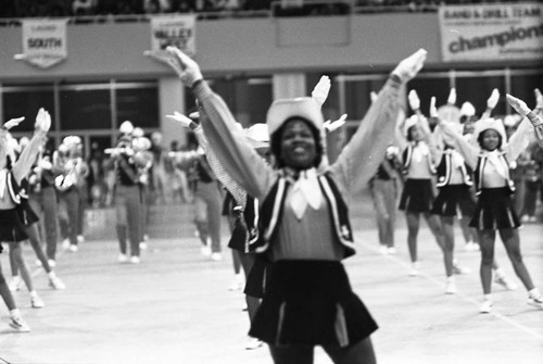 Carson High School students performing at a LAUSD Band and Drill Team Championship, Los Angeles, 1983