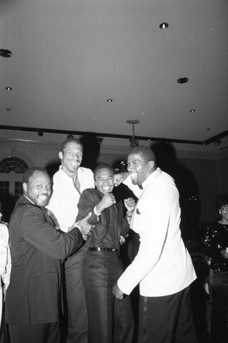 Sugar Ray Leonard sparing with Magic Johnson at his birthday party, Los Angeles, 1985