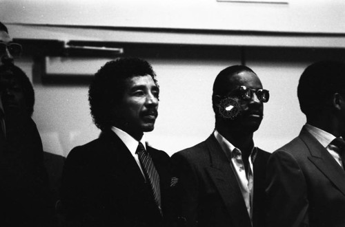 Smokey Robinson and Stevie Wonder attending Marvin Gaye's funeral service, Los Angeles, 1984