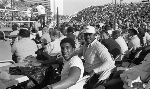 Stan Shaw and Roger Mosley attending the Dokes-Weaver WBA Heavyweight title rematch, Las Vegas, 1983