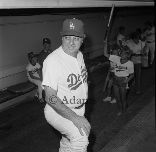 Tommy Lasorda standing in the dugout at Dodger Stadium, Los Angeles, 1982