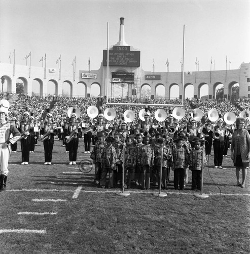 Children sing national anthem, Los Angeles, 1973