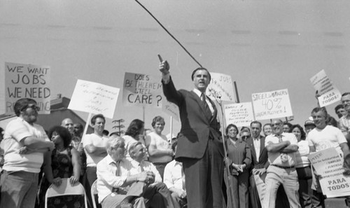 Governor Jerry Brown standing with protesters at the Bethlehem Steel Plant, Los Angeles, 1982