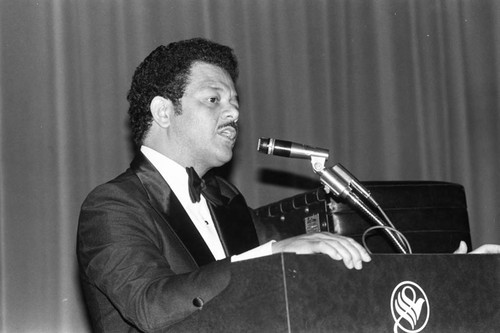 Robert C. Farrell speaking during a fundraiser at the Bonaventure Hotel, Los Angeles, 1982