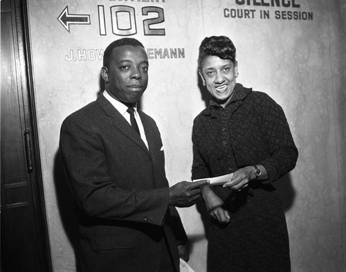 Man and woman at Superior court, Los Angeles, 1962