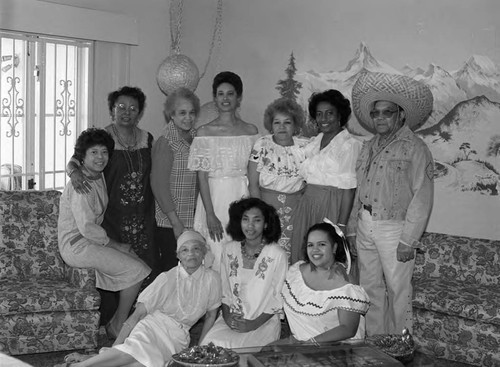 Deltas Sigma Theta, Century City Alumnae Chapter Scholarship Tea participants posing together, Los Angeles, 1987