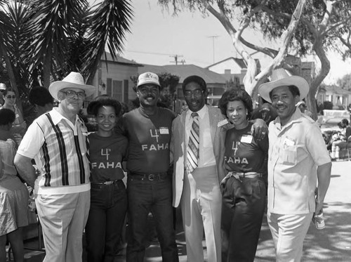 Curtis Tucker, Edward Vincent, and 4th Ave. Block Club members posing together, Los Angeles, 1983