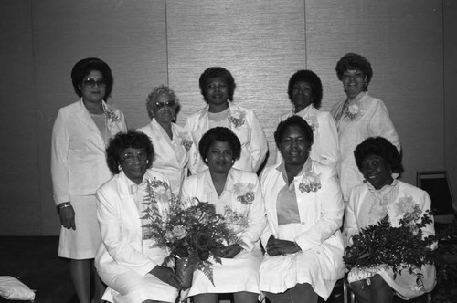 Alpha Lambda Chapter, Theta Nu Sigma members posing together, Los Angeles, 1985