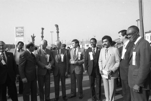 Kenneth Hahn and others at the opening of the Martin Luther King, Jr. Shopping Center, Los Angeles, 1984