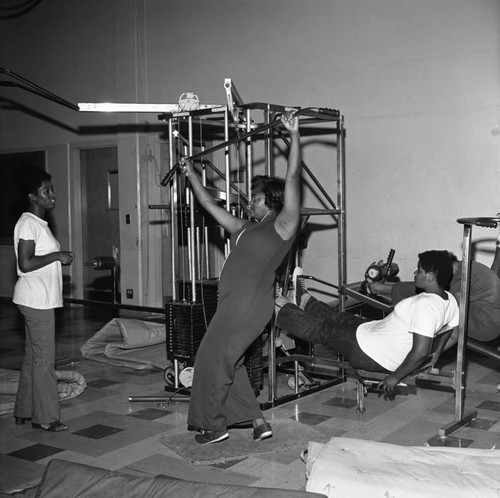 Women exercising in the Compton College gym, Compton, 1972