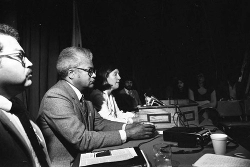 Rev. James Lawson discussing Peace Sunday at a press conference, Los Angeles, 1982