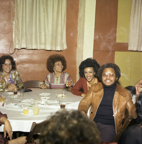 Guests posing together at a Super Bowl party, Los Angeles, 1977