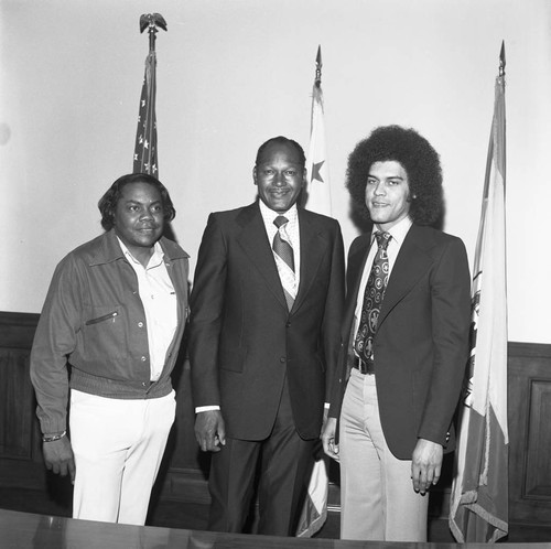 Tom Bradley posing with Motown's Bob Jones and Skip Meeter, Los Angeles, 1974