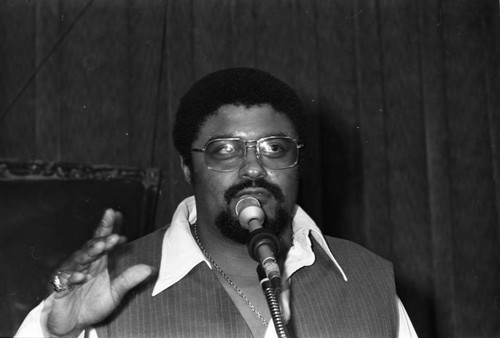 Rosey Grier speaking on election night of the Bradley mayoral campaign, Los Angeles, 1973