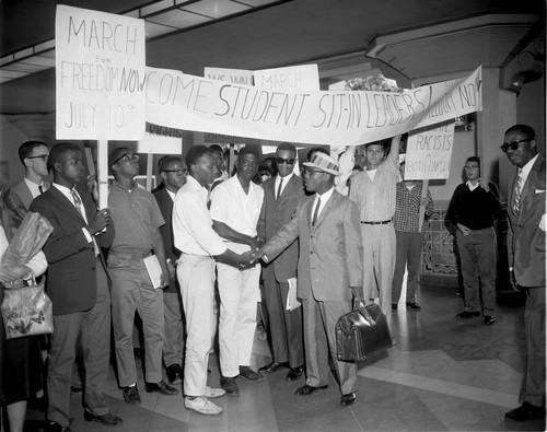 California Christian Leadership Conference members greeting student sit-in leaders, Los Angeles, 1960